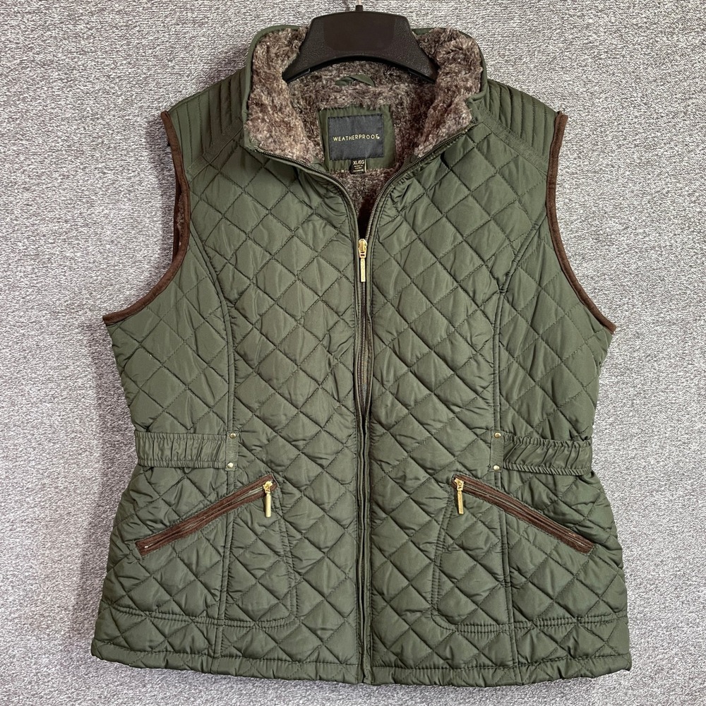 Weatherproof Womens Olive Green Quilted Faux Fur Lined Vest XL